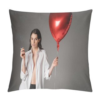 Personality  Sexy Woman In White Unbuttoned Shirt Posing With Cigarette And Red Heart-shaped Balloon On Grey Background Pillow Covers