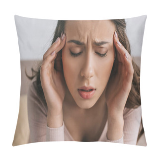 Personality  Close-up View Of Young Woman With Closed Eyes Suffering From Headache Pillow Covers