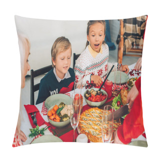 Personality  Selective Focus Of Excited Children Looking At Pie On Festive Table At Home Pillow Covers