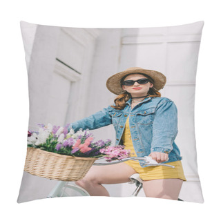 Personality  Attractive Girl In Hat, Sunglasses And Denim Jacket Looking At Camera And Riding Bicycle On Street  Pillow Covers