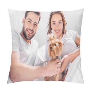 Personality  Portrait Of Happy Couple In Love With Yorkshire Terrier Resting On Bed Together Pillow Covers