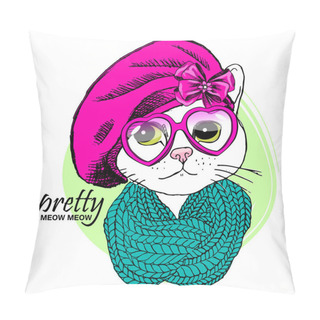 Personality  Vector White Cat With Pink Glasses, Knitted Scarf And Pink Beret. Pillow Covers