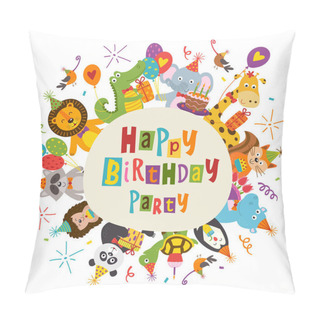 Personality  Frame Happy Birthday With Funny Animals - Vector Illustration, Eps Pillow Covers