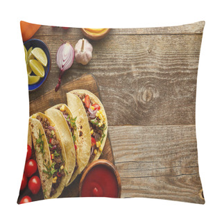 Personality  Top View Of Prepared Tacos With Tortillas And Vegetables On Wooden Background With Copy Space Pillow Covers