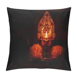 Personality  Lit Diya Lamp Against Dark Background. Lamp Made Out Of Silver Metal With God Statue Lit During Festival. Pillow Covers