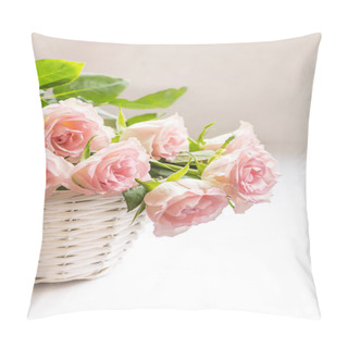 Personality  Beautiful, Pink Roses In A White Basket Close Up  Pillow Covers