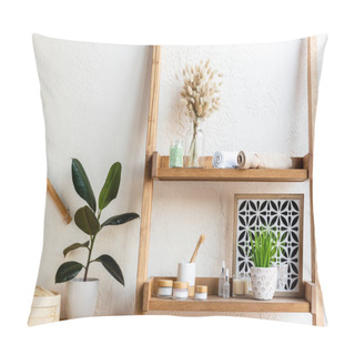 Personality  Wooden Shelves With Blooming Catkins, Towel Rolls, Toothbrushes, Containers And Bottles Near Green Plants In Flowerpots  Pillow Covers