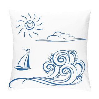 Personality  Boat Waves, Clouds And Sun. Vector Illustration On White Pillow Covers