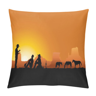 Personality  Three Cowboys Resting In Desert, Vector Illustration Pillow Covers