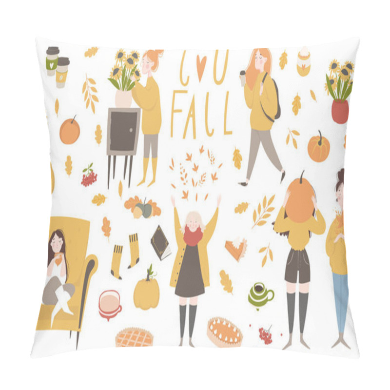 Personality  Young women or girls dressed in cozy clothes. Autumn sticker collection. Set of cute autumn cartoon illustrations. Fall season. Collection of scrapbook elements for party pillow covers
