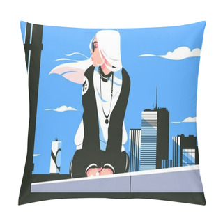 Personality  Girl Sitting On Building Roof Vector Illustration. Woman In Pensive Mood Dreaming On High Roof Flat Style. Time Alone And Sadness Concept. City Urban Constructions And Blue Sky On Background Pillow Covers