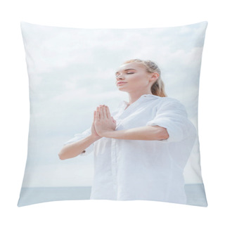 Personality  Low Angle View Of Young Woman With Praying Hands Near Sea  Pillow Covers
