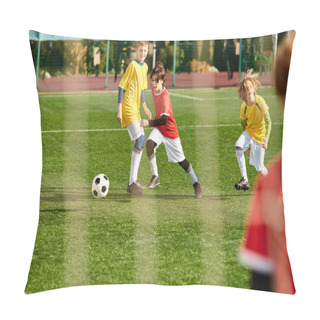 Personality  A Lively Group Of Young Children Are Playing A Game Of Soccer On A Green Field. They Are Running, Kicking, And Passing The Ball As They Compete In A Friendly Match Filled With Laughter And Excitement. Pillow Covers