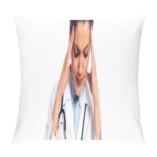 Personality  African American Doctor Suffering From Migraine Isolated On White, Panoramic Shot Pillow Covers