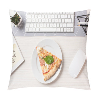 Personality  Top View Of Pizza On Plate, Note With Lunch Time Inscription, Computer Mouse And Keyboard At Workplace Pillow Covers
