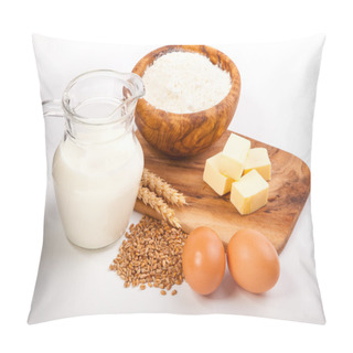 Personality  Glass Jug With Milk, Wheat Seeds, Flour And Two Eggs On White Ba Pillow Covers