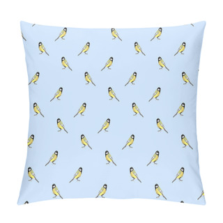 Personality  Seamless Vector Pattern With Great Titmouses, Blue Background Pillow Covers