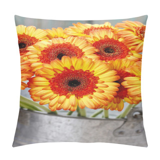 Personality  Bouquet Of Orange Gerbera Daisies In Silver Bucket On Wooden Tab Pillow Covers
