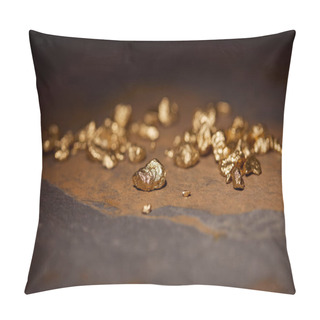 Personality  Selective Focus Of Golden Stones On Grey And Brown Marble Surface With Blurred Dark Background Pillow Covers