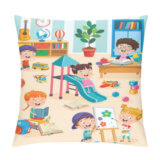 Personality  Little Children Studying And Playing At Preschool Classroom Pillow Covers