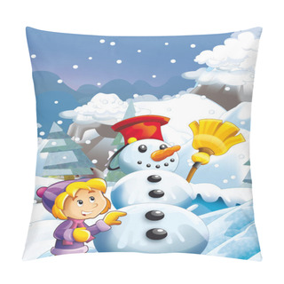 Personality Girl Making Happy And Big Snowman Pillow Covers