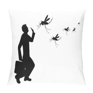Personality  Vector Silhouette Of Man Who Crying To Mosquito On White Background. Symbol Of Annoying Insect. Pillow Covers