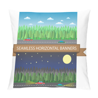 Personality  Rows Of Daily And Night Green Forest And Road. Seamless Horizontal Background Pillow Covers