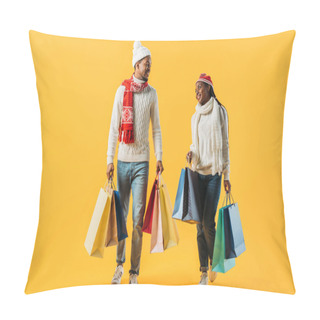 Personality  African American Couple In Winter Outfit Walking With Shopping Bags And Looking At Each Other Isolated On Yellow Pillow Covers