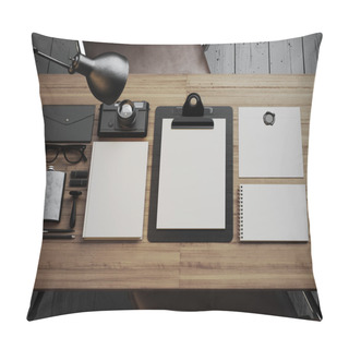Personality  Modern Identity Elements On Brown Wood Table. 3d Render Pillow Covers