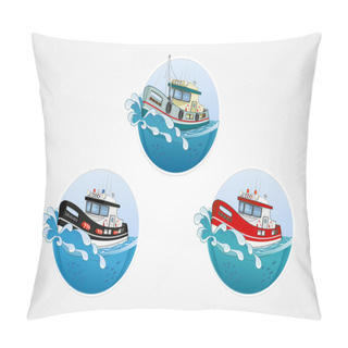 Personality  Set Of Vector Elements. Moving Speed Fishing, Rescue And Police Boat. Deep Sea With Wave. Round Computer Icons For Applications Or Games. Logo Template. Handdrawn Illustration. Pillow Covers