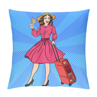 Personality  Woman With Baggage. Pin Up Girl. Beautiful Girl With Tickets. Time To Travel. Pop Art. Vector Illustration Pillow Covers