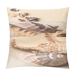 Personality  Collage Of Seashells On Golden Sand, Travel Concept Pillow Covers