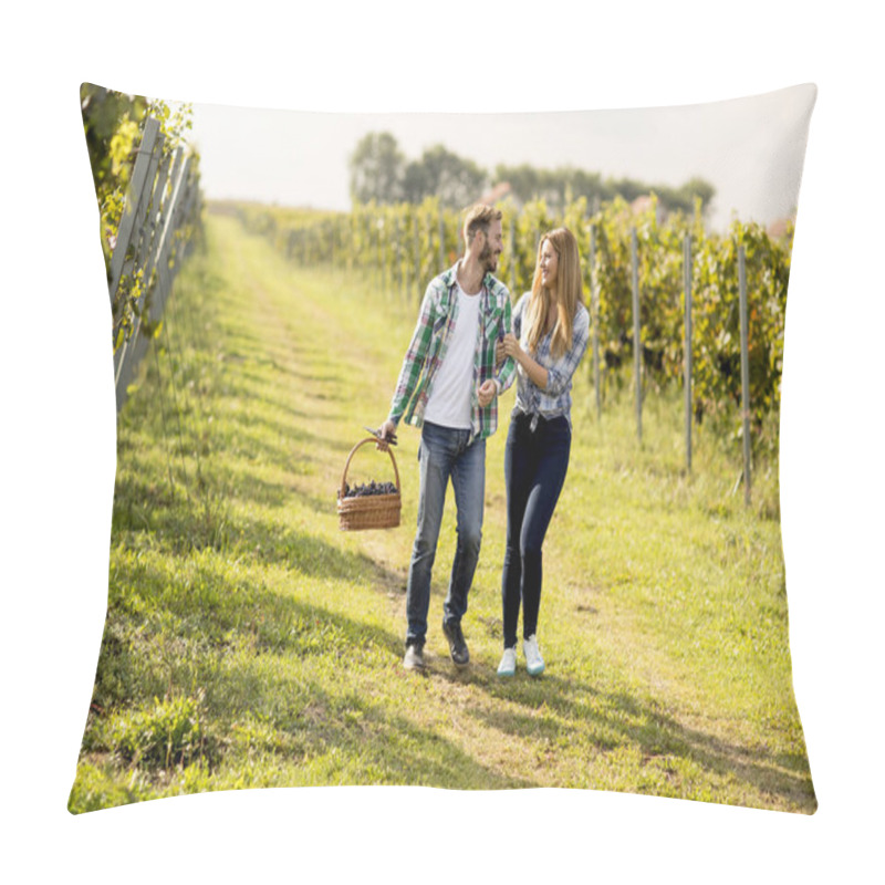 Personality  View at young farmers harvesting grapes in a vineyard pillow covers