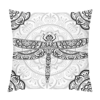 Personality  Dragonfly Decorated With Seamless Indian Ethnic Floral Vintage Pattern. Hand Drawn Decorative Insect In Doodle Style On Mandala. Stylized Mehndi Ornament For Tattoo, Print, Book And Coloring Page. Pillow Covers