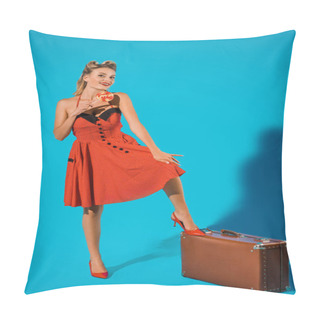 Personality  Smiling Woman In Vintage Dress With Lollipop And Suitcase On Blue Backdrop Pillow Covers