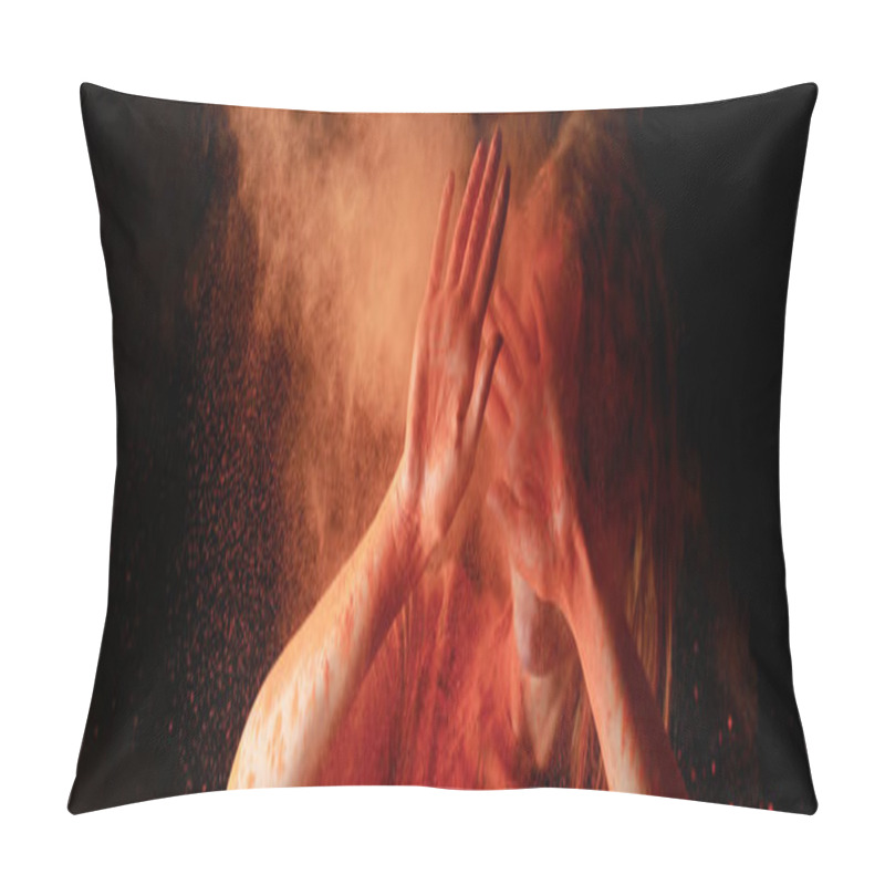 Personality  Woman Covering Face From Orange Colorful Holi Paint Cloud On Black Background, Panoramic Shot Pillow Covers