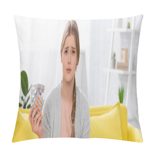 Personality  Sad Woman With Allergy Holding Blisters With Pills And Looking At Camera A Home, Banner  Pillow Covers