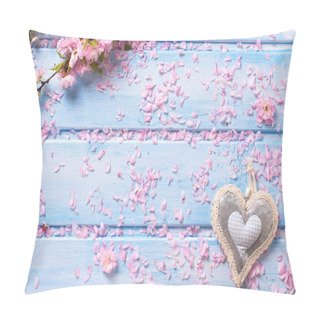Personality  Sakura Flowers And  Decorative Heart On Blue Wooden Planks. Pillow Covers