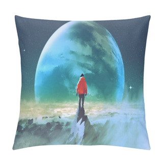 Personality  Man On Top Of Mountain Looking At Another Planet Pillow Covers