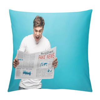 Personality  Angry Man Yelling While Reading Newspaper With Fake News On Blue Background Pillow Covers