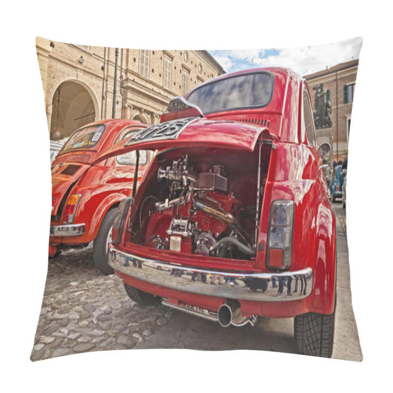 Personality  Vintage Italian car Fiat 500 with tuning chromed engine Abarth 595 in 24th Meeting auto vintage in November 11, 2018 in Bagnacavallo, RA, Italy pillow covers