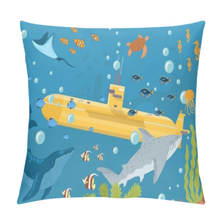 Personality  Yellow Submarine Undersea Boat With Fishes In Ocean, Sea, With Periscope Flat Design, Vector Illustration. Marine Theme. Pillow Covers