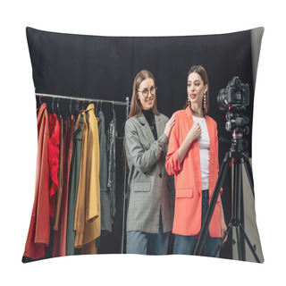 Personality  Selective Focus Of Stylist In Glasses Touching Trendy Jacket On Attractive Model Near Digital Camera  Pillow Covers