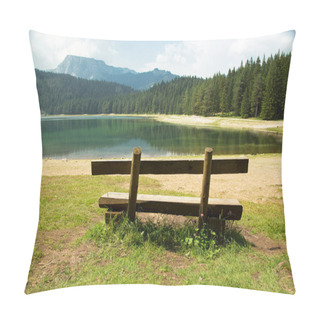 Personality  Bench Without People Near The Beautiful Lake With Mountain View. Sunny Day. Nature Of Montenegro. Black Lake.  Pillow Covers