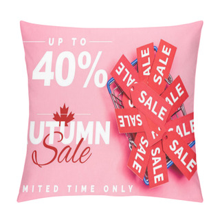 Personality  Top View Of Sale Tags In Shopping Basket Near Up To 40 Percent Off, Autumn Sale Lettering On Pink, Black Friday Concept Pillow Covers