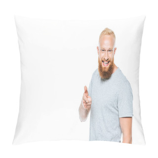 Personality  Cheerful Bearded Man In Grey T-shirt Pointing At You Isolated On White Pillow Covers