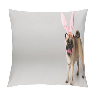 Personality  Cute Pug Dog In Pink Headband With Bunny Ears Standing On Grey Background, Banner Pillow Covers