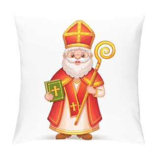 Personality  Cute Saint Nicholas Or Sinterklaas Character, Happy St Nicolas Winter Holiday Day. Funny Christmas Christian Santa Person Give Gift Children. Old Man With Beard In Religion Costume, Mitre Hat Hold Book, Stick. Celebrate Greeting Card. Cartoon Vector  Pillow Covers