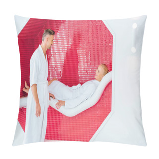 Personality  Handsome Husband Standing Near Wife While Woman Lying On White Deck Chair In Spa Pillow Covers