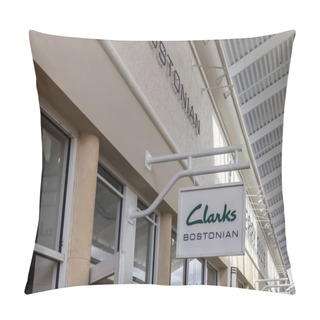 Personality  Orlando, Florida, USA- February 24, 2020: Clarks Bostonian Store Sign In Orlando, Florida, USA. C. & J. Clark International Ltd Is A British-based, International Shoe Manufacturer And Retailer. Pillow Covers